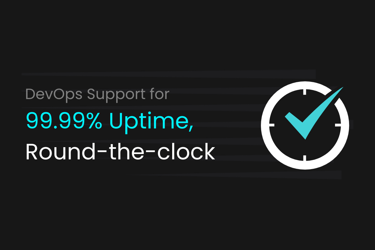 Clock and checkmark icon representing 99.99% uptime with round-the-clock DevOps support